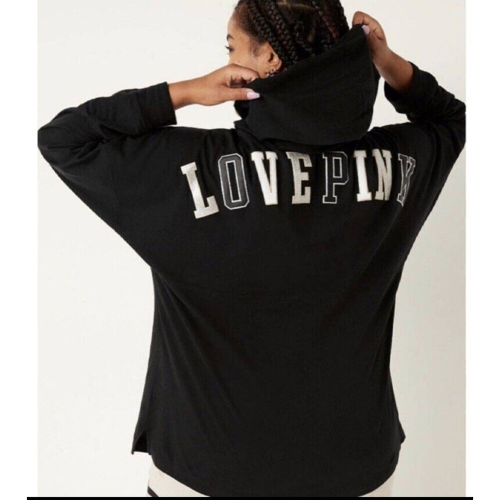 VS PINK HOODED VARSITY pullover tee shirt xl black shine